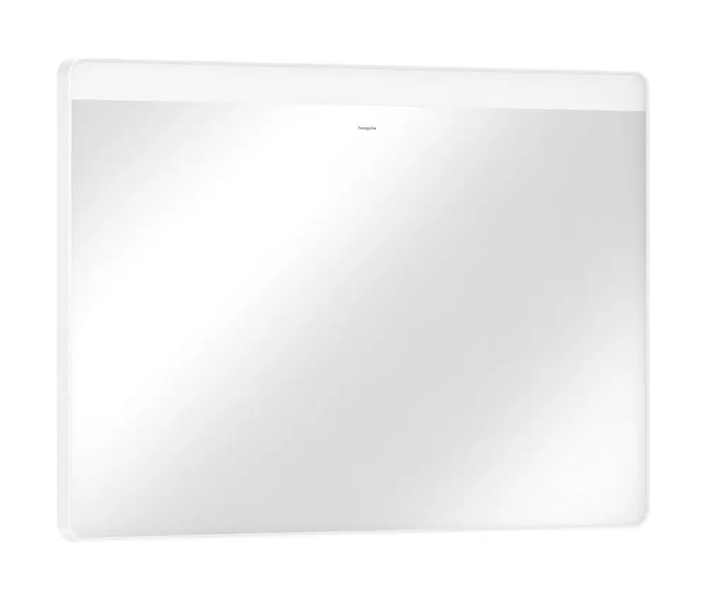 Spiegel mit flacher, mattschimmernder Oberfläche und integrierter horizontaler LED-Beleuchtung, montierbar an der Wand, von Hansgrohe.